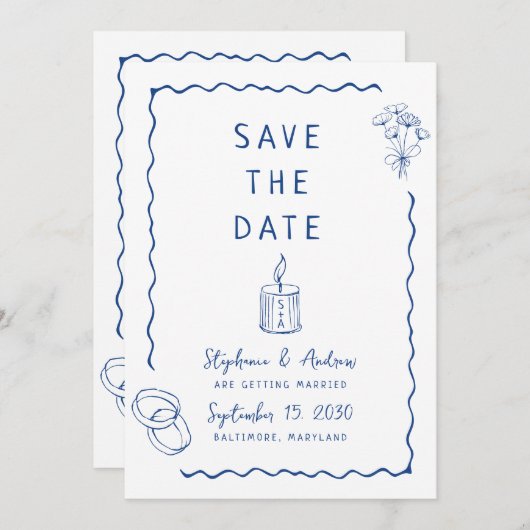  whimsical illustration wedding save the date 招待状 (正面/裏面)