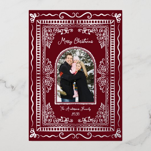 Whimsical Illustrative Christmas Five Photo 箔シーズンカード (正面)