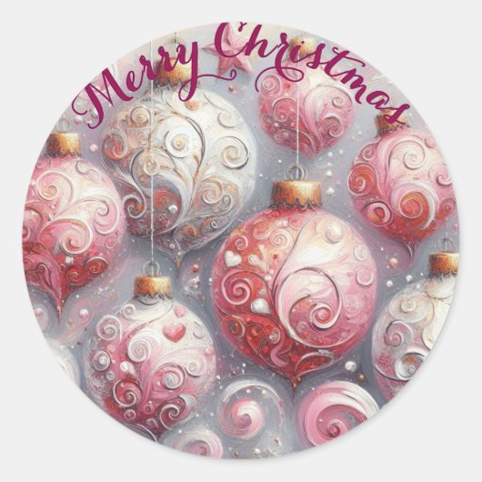 Whimsical Impressionistic Christmas Ornaments Pink ラウンドシール (正面)