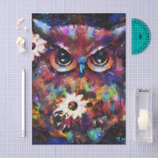 Whimsical Impressionistic Floral Owl Decoupage 薄葉紙 (クラフト)