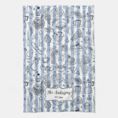 Whimsical Italian Food Illustration Blue Stripes キッチンタオル (縦)