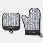 Whimsical Italian Food Illustration Blue Stripes 鍋つかみ&鍋敷きセット (正面)