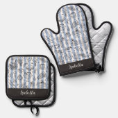 Whimsical Italian Food Illustration Blue Stripes 鍋つかみ&鍋敷きセット (正面/裏面)