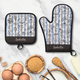 Whimsical Italian Food Illustration Blue Stripes 鍋つかみ&鍋敷きセット