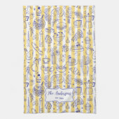 Whimsical Italian Food Illustration Yellow Stripes キッチンタオル (縦)