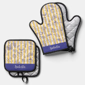 Whimsical Italian Food Illustration Yellow Stripes 鍋つかみ&鍋敷きセット (正面/裏面)