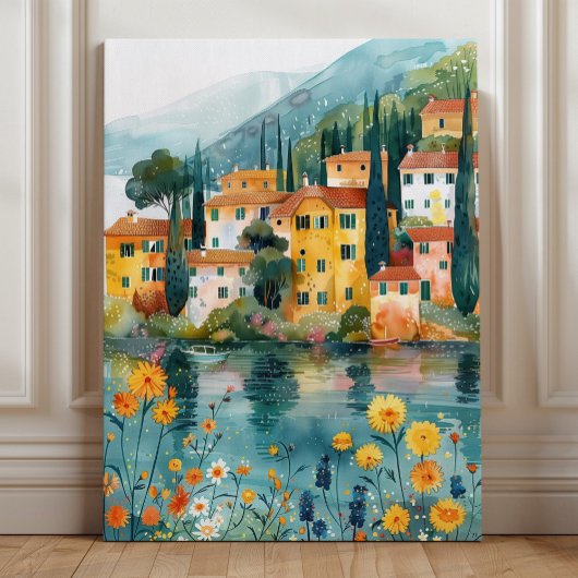 Whimsical Italian Lakeside Village Art キャンバスプリント