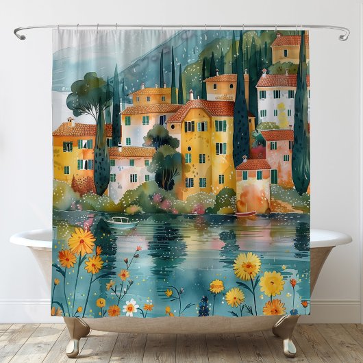 Whimsical Italian Lakeside Village Art シャワーカーテン