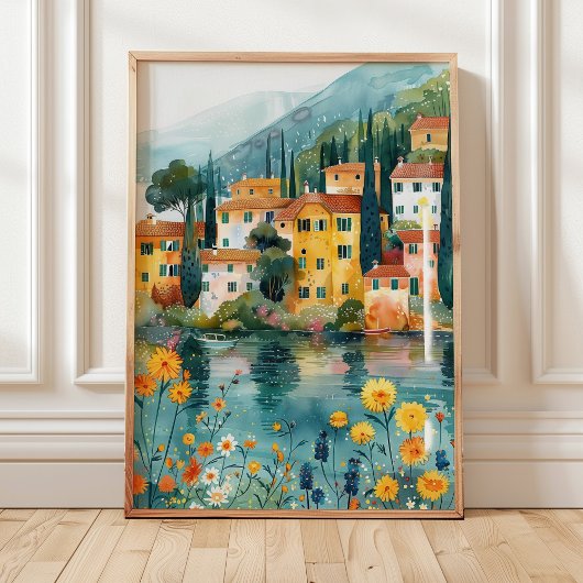Whimsical Italian Lakeside Village Art Print ポスター