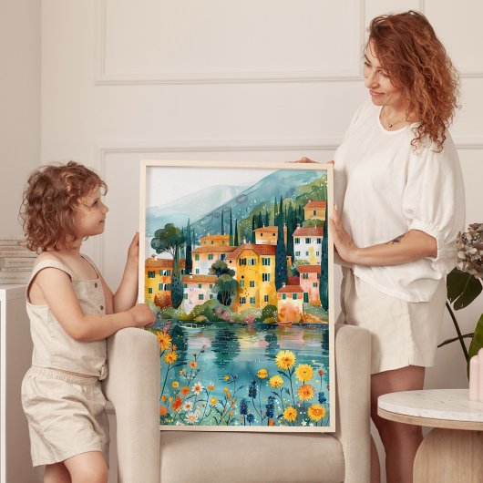 Whimsical Italian Lakeside Village Art Print ポスター