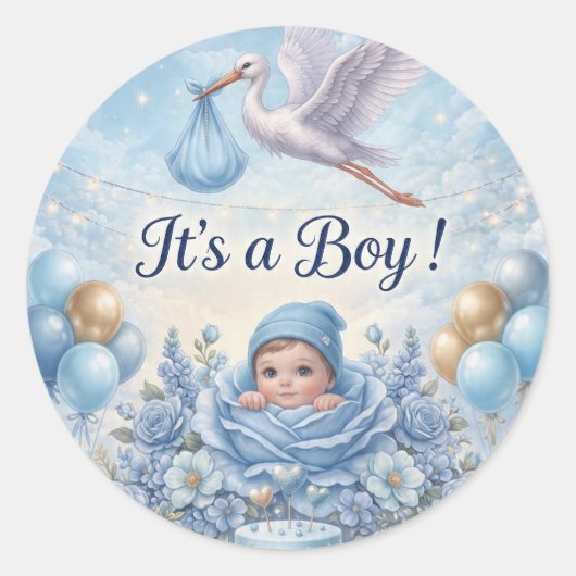 Whimsical It's a Boy Blue Stork Baby Shower  ラウンドシール (正面)