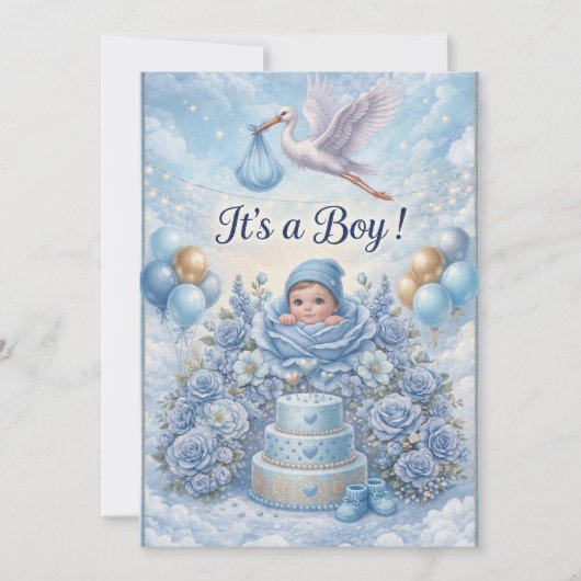 Whimsical It's a Boy Stork Baby Shower  招待状 (正面)