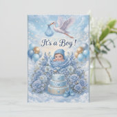 Whimsical It's a Boy Stork Baby Shower  招待状 (スタンド正面)