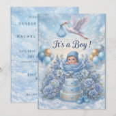Whimsical It's a Boy Stork Baby Shower  招待状 (正面/裏面)