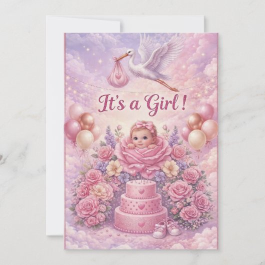 Whimsical It's a Girl Stork Baby Shower  招待状 (正面)
