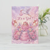 Whimsical It's a Girl Stork Baby Shower  招待状 (スタンド正面)