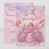 Whimsical It's a Girl Stork Baby Shower  招待状 (正面/裏面)