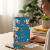 Whimsical Jungle Animals Blue Birthday Invitation 招待状