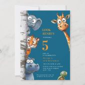 Whimsical Jungle Animals Blue Birthday Invitation 招待状 (正面)