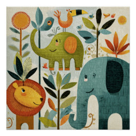 Whimsical Jungle Animals Nursery Wall Art ポスター