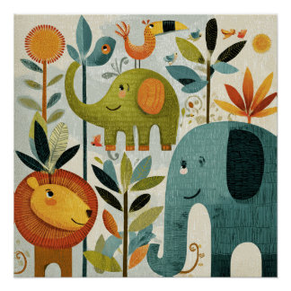 Whimsical Jungle Animals Nursery Wall Art ポスター