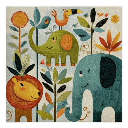 Whimsical Jungle Animals Nursery Wall Art ポスター (正面)