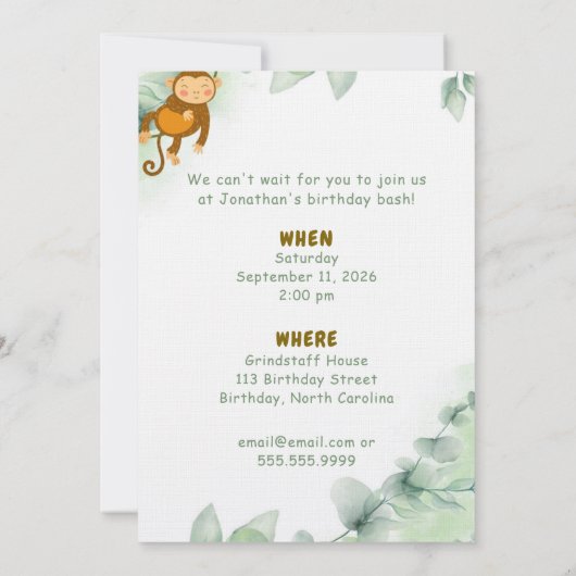 Whimsical Jungle Safari Animal Birthday Invitation 招待状 (裏面)