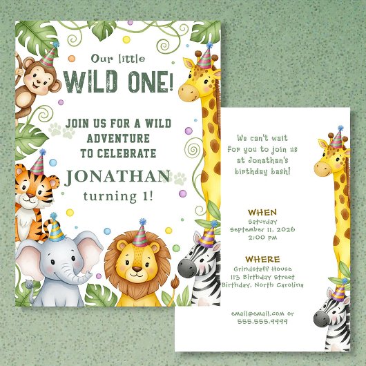 Whimsical Jungle Safari Animal Birthday Invitation 招待状