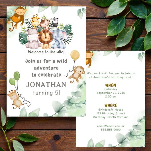 Whimsical Jungle Safari Animal Birthday Invitation 招待状