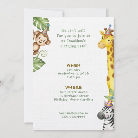 Whimsical Jungle Safari Animal Birthday Invitation 招待状 (裏面)