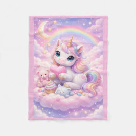 Whimsical Kawaii Pastel Unicorn & Friends On Cloud フリースブランケット