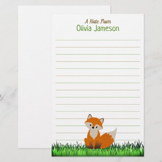 Whimsical Kid's Name FOX Lined Stationery 便箋 (正面/裏面)