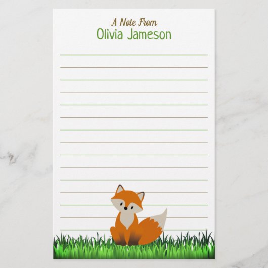 Whimsical Kid's Name FOX Lined Stationery 便箋 (正面)