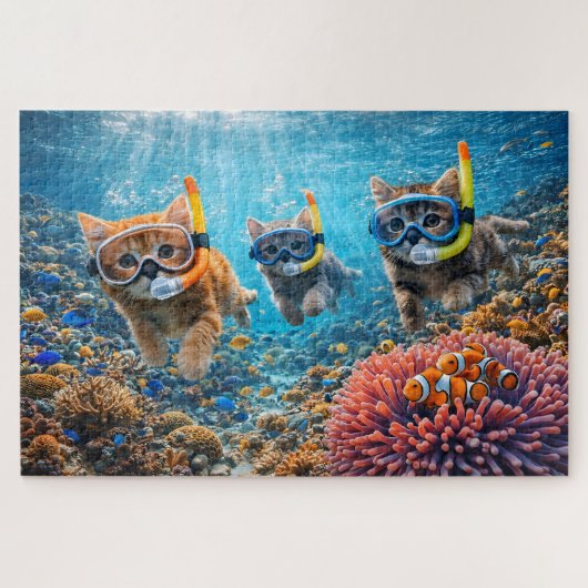 Whimsical kittens, snorkelling, underwater coral r ジグソーパズル (横)