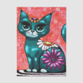 Whimsical Kitty Cat on Rug Floral Teal Decoupage 薄葉紙 (正面)