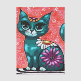Whimsical Kitty Cat on Rug Floral Teal Decoupage 薄葉紙