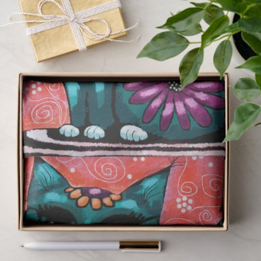 Whimsical Kitty Cat on Rug Floral Teal Decoupage 薄葉紙 (ギフト)