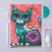 Whimsical Kitty Cat on Rug Floral Teal Decoupage 薄葉紙 (クラフト)