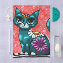 Whimsical Kitty Cat on Rug Floral Teal Decoupage 薄葉紙