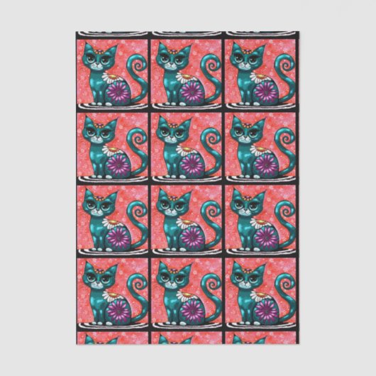 Whimsical Kitty Cat on Rug Floral Tiled Decoupage 薄葉紙 (正面)