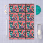Whimsical Kitty Cat on Rug Floral Tiled Decoupage 薄葉紙 (クラフト)