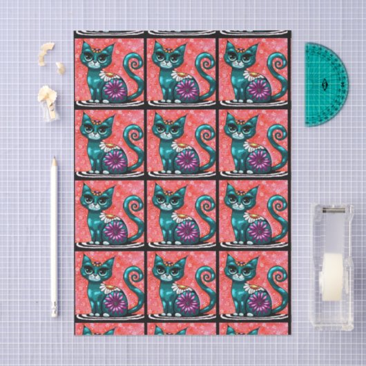 Whimsical Kitty Cat on Rug Floral Tiled Decoupage 薄葉紙 (クラフト)