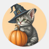 Whimsical Kitty Witch, Halloween Kitten Witch,     ラウンドシール (正面)