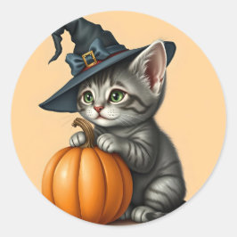 Whimsical Kitty Witch, Halloween Kitten Witch,     ラウンドシール