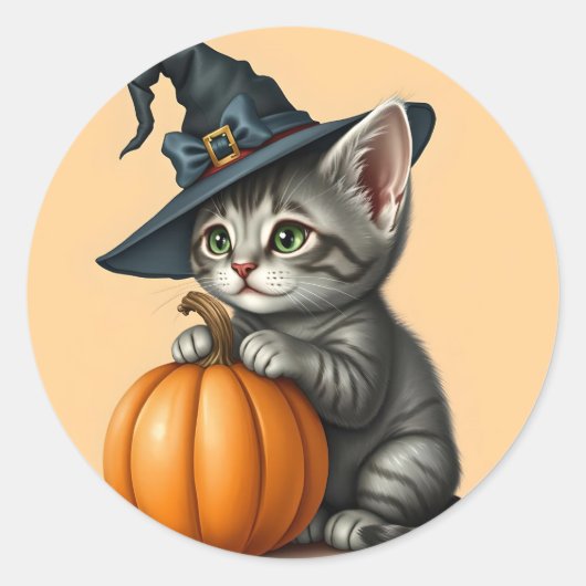 Whimsical Kitty Witch, Halloween Kitten Witch, ラウンドシール (正面)