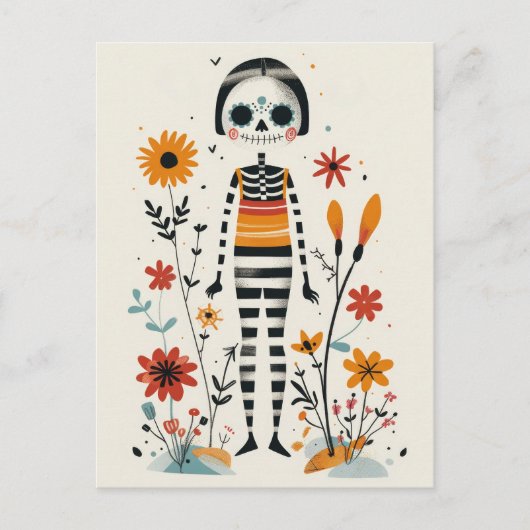 Whimsical La Catrina Floral Day of The Dead  ポストカード (正面)