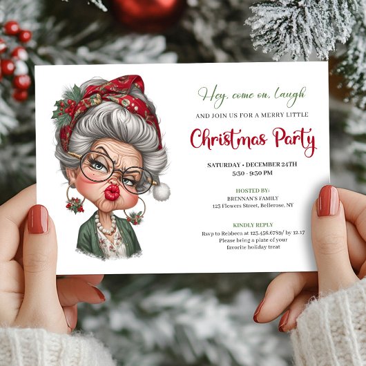 Whimsical lady humor Christmas holiday invitation 招待状