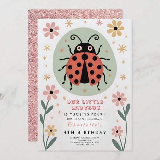 Whimsical Ladybug Birthday 招待状 (正面/裏面)