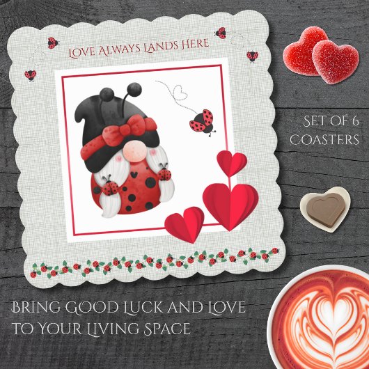 Whimsical Ladybug Love Always Lands Here Gnome ペーパーコースター