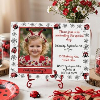 Whimsical Ladybug Photo Birthday Invitation 招待状